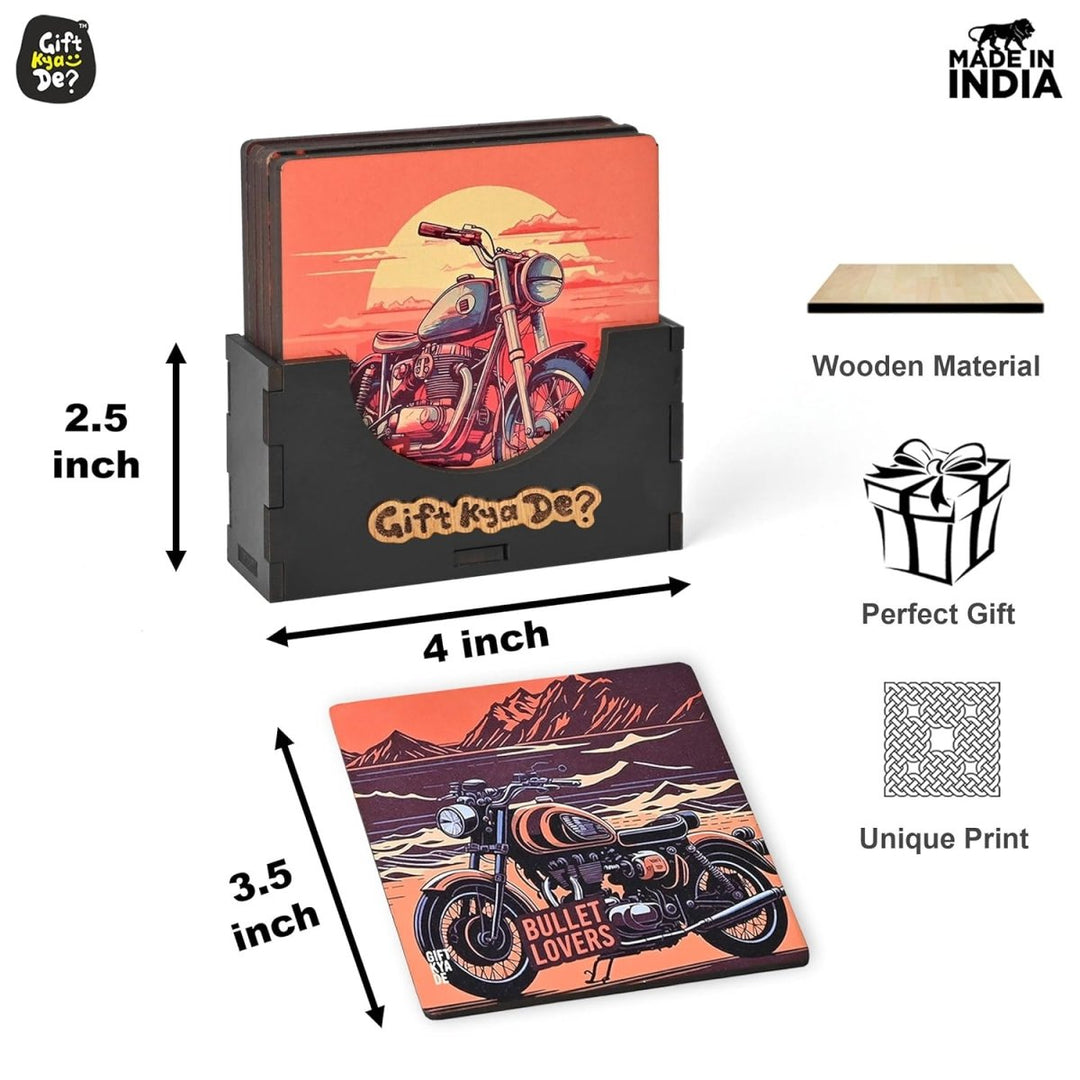 Gift Kya De Coaster Set of 6 Bullet Bike & Thar Car Lover | Gifts with Proper Coaster Stand | Set fit for Tea Cups, Coffee Mugs and Glasses (Square 10 x 10 cm)