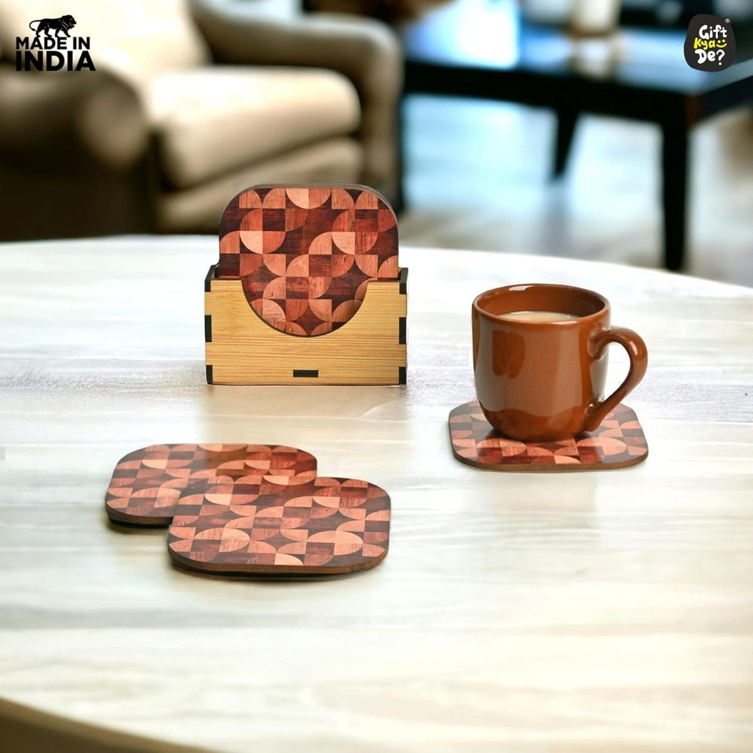 Gift Kya De Coaster Set of 6 Woody Design | Wooden Coasters With Coaster Stand | Kitchen Accessories (Ecofriendly)