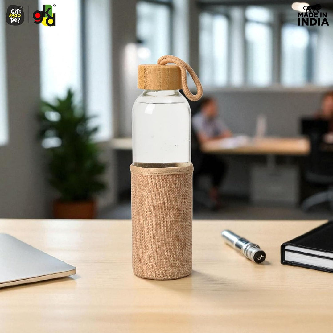 Glass Water Bottle with Bamboo Spill-Proof Cap & Jute Sleeve 450 ML | Eco-Friendly & Reusable | BPA Free | Leak-Proof | Travel Friendly | Made in India