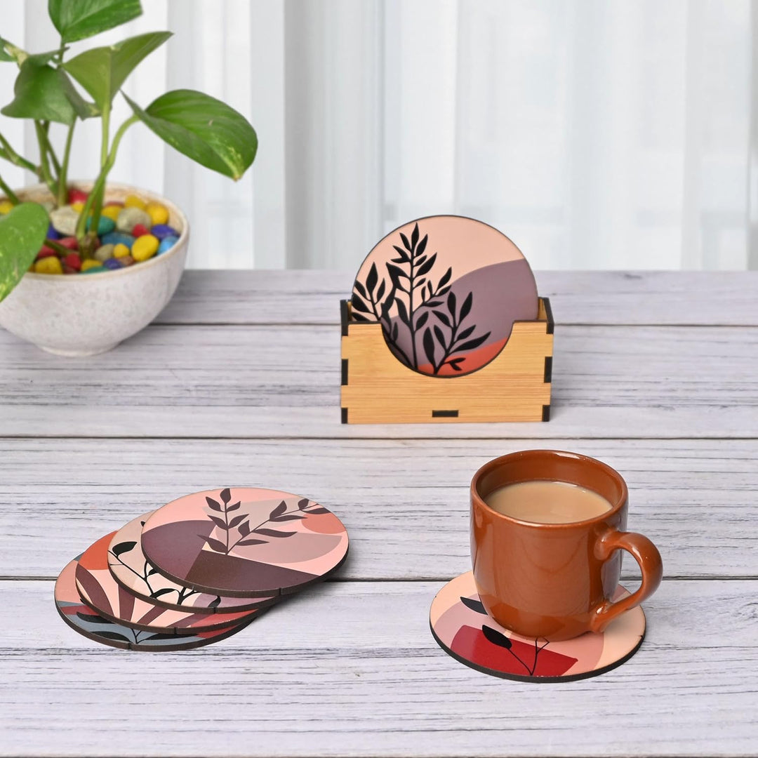 Gift Kya De Coaster Set of 6 Modern Art Design | Wooden Coasters to Serve Tea Cups, Coffee Mugs and Glasses