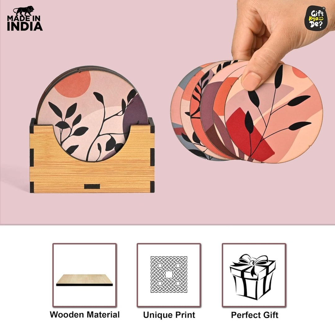 Gift Kya De Coaster Set of 6 Modern Art Design | Wooden Coasters to Serve Tea Cups, Coffee Mugs and Glasses