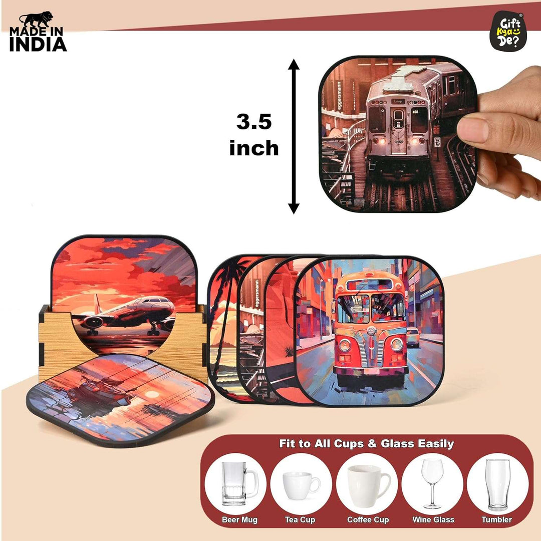 Gift Kya De Coaster Set of 6 Nature & Travel Theme Design | Wooden Coasters to Serve Tea Cups, Coffee Mugs and Glasses