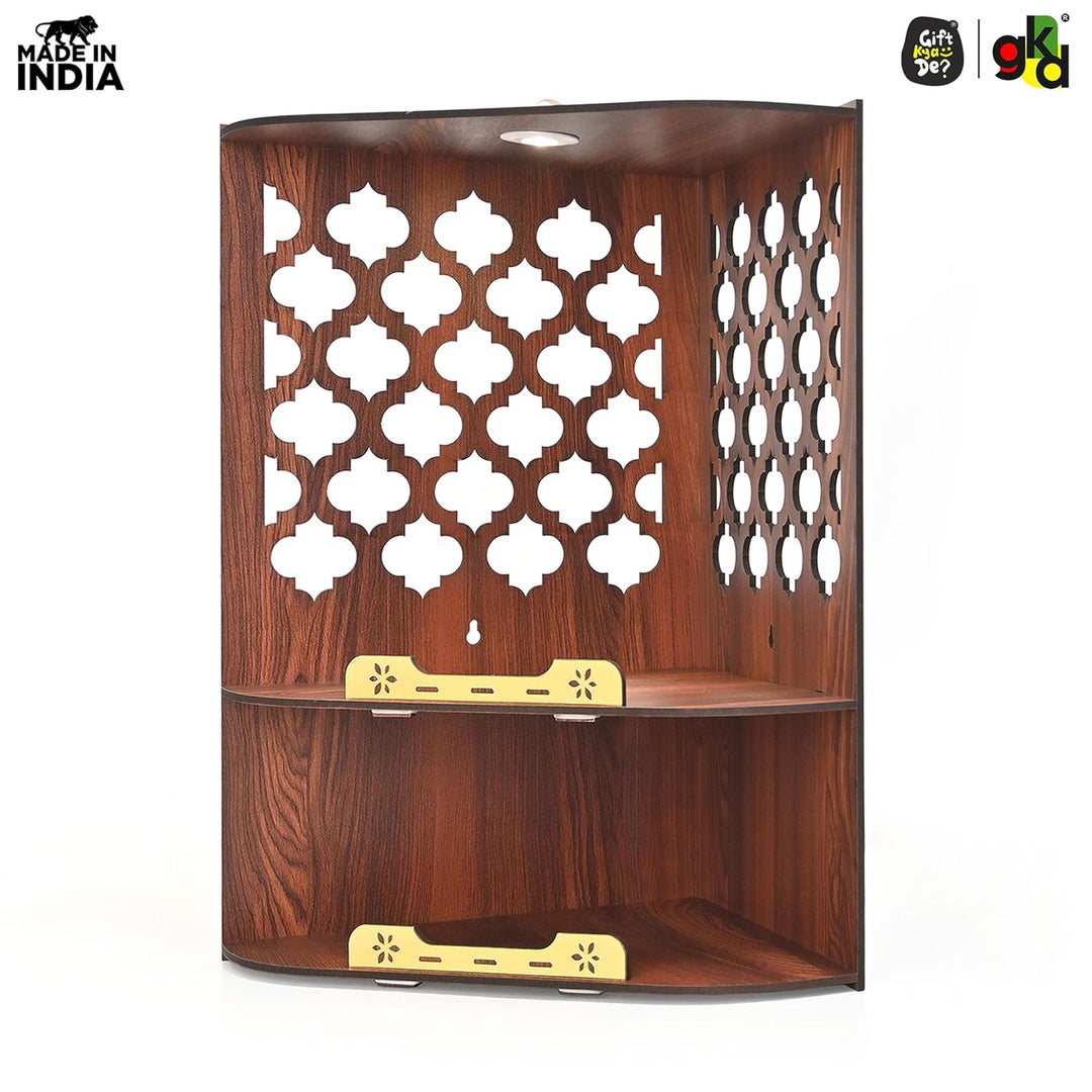 Wooden Corner Pooja Mandir for Home & Office | Wall Mounted Pooja Stand with LED Light (H-17 x W-10 x L-15 Inch)
