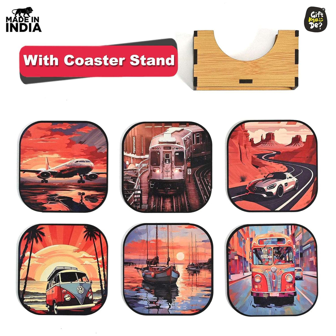 Gift Kya De Coaster Set of 6 Nature & Travel Theme Design | Wooden Coasters to Serve Tea Cups, Coffee Mugs and Glasses