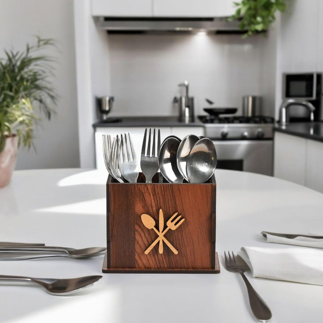 Gift Kya De 2 Compartments Wooden Cutlery Stand for Kitchen & Dining Table | Spoon, Knife & Fork Holder