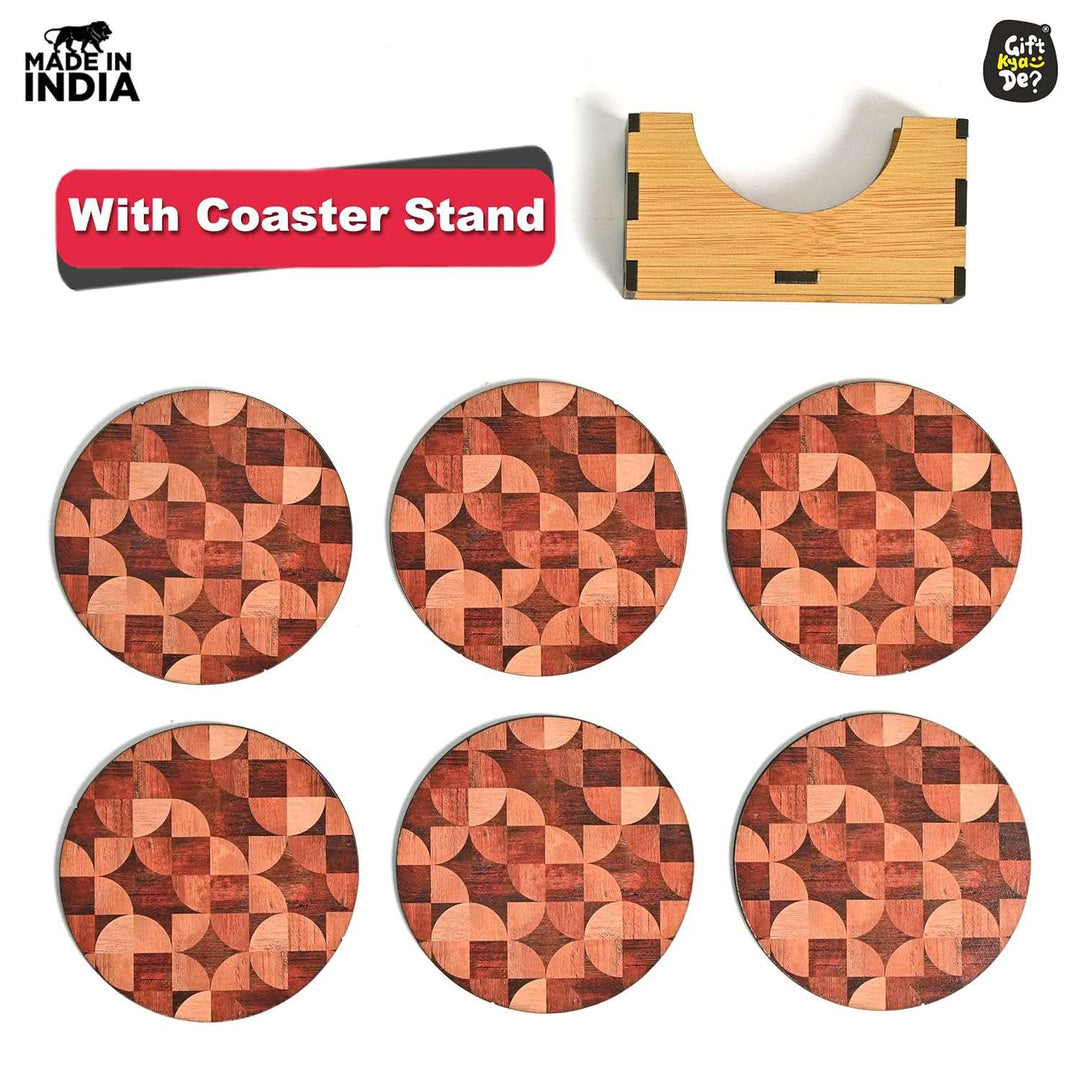 Gift Kya De Coaster Set of 6 Woody Design | Wooden Coasters With Coaster Stand | Kitchen Accessories (Ecofriendly)