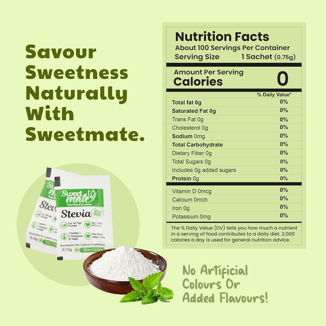 Sweetmate Stevia Sachets - 100 Units (100 Servings) | 100% Natural Sugar Free | Diabetic Friendly