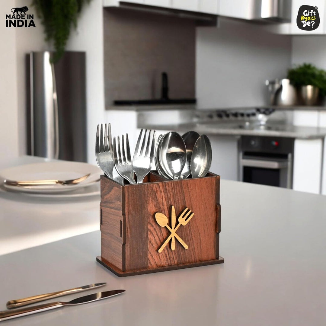 Gift Kya De 2 Compartments Wooden Cutlery Stand for Kitchen & Dining Table | Spoon, Knife & Fork Holder