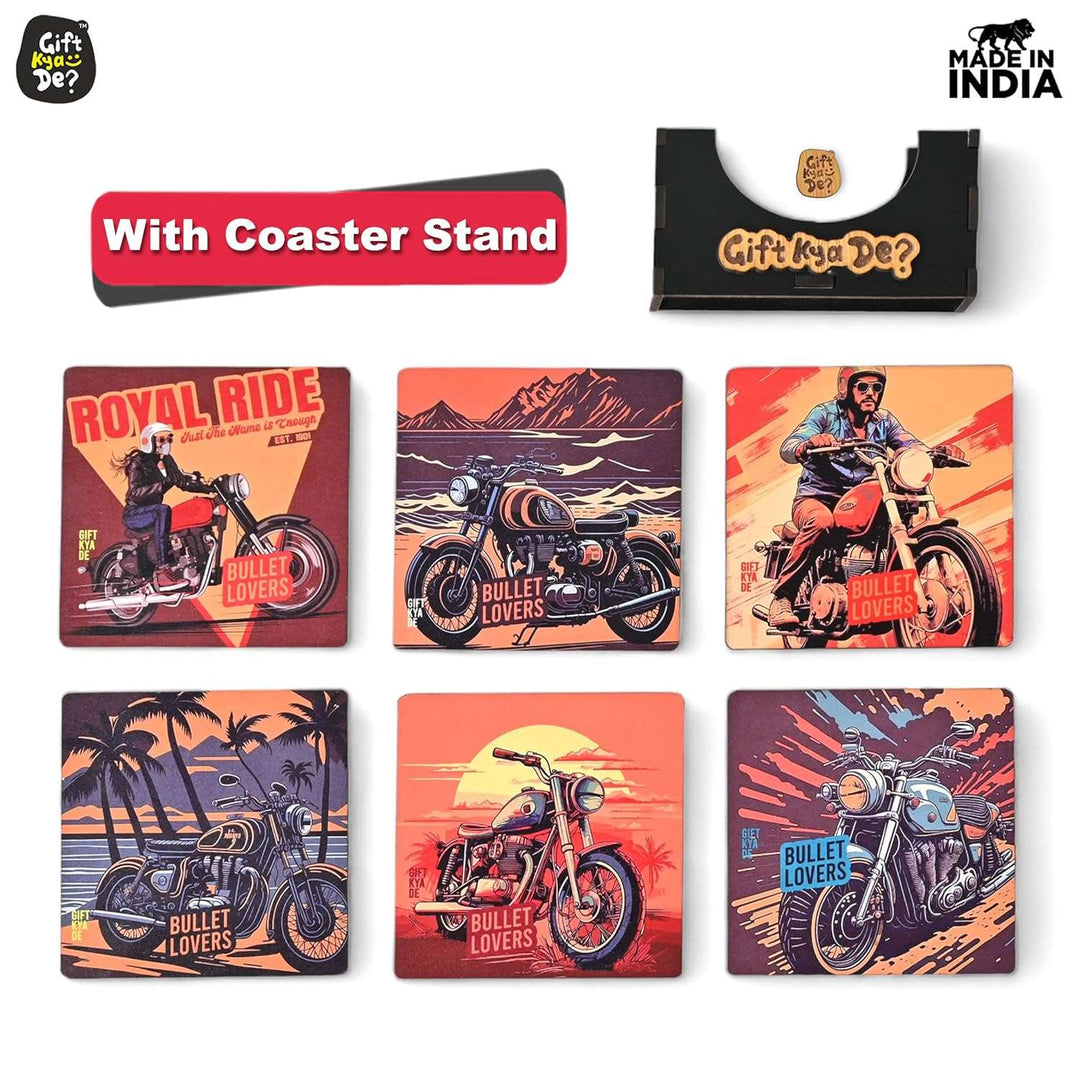 Gift Kya De Coaster Set of 6 Bullet Bike & Thar Car Lover | Gifts with Proper Coaster Stand | Set fit for Tea Cups, Coffee Mugs and Glasses (Square 10 x 10 cm)