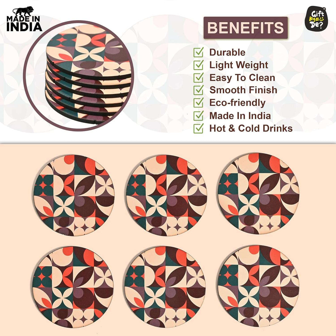 Gift Kya De Coaster Set of 6 Modern Art Design | Wooden Coasters to Serve Tea Cups, Coffee Mugs and Glasses