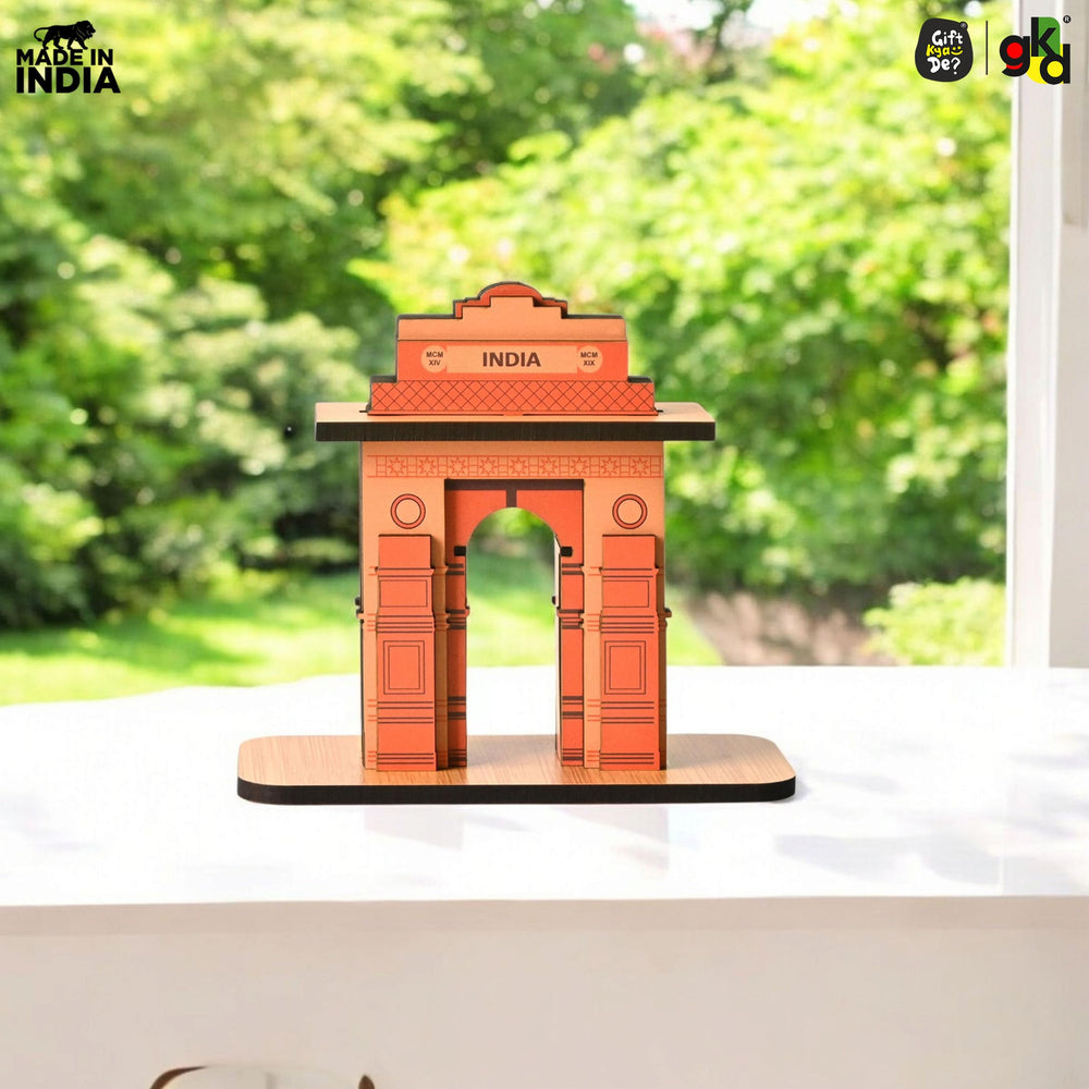 India Gate Wooden Desk Organizer with Test Tube Planter, Pen Stand & Visiting Card Holder | Table Top Patriotic Souvenir | Independence Day Gift