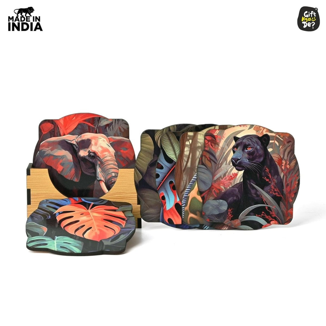Gift Kya De Coaster Set of 6 Unique Birds & Jungle Theme Design | Wooden Coasters to Serve Tea Cups, Coffee Mugs and Glasses (Ecofriendly)