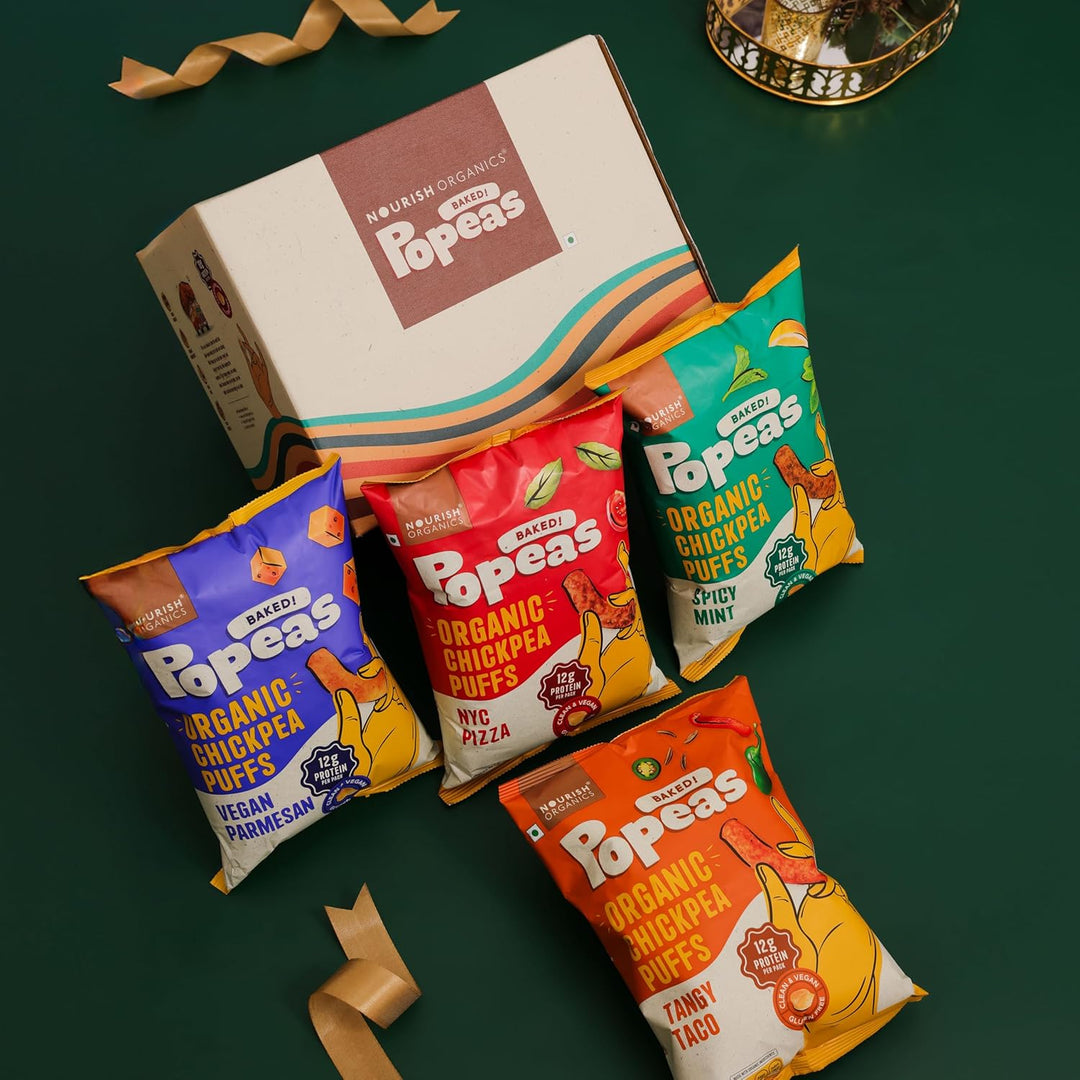 Nourish Organics Popeas Diwali Snack Hamper | 8 Packs of 12g Protein each, Gluten-Free Snack Gift Pack| 4 Flavors: Spicy Mint, Tangy Taco, NYC Pizza, Vegan Parmesan | Perfect for Diwali Celebrations Xox | Diwali Gifts for Family & Kids