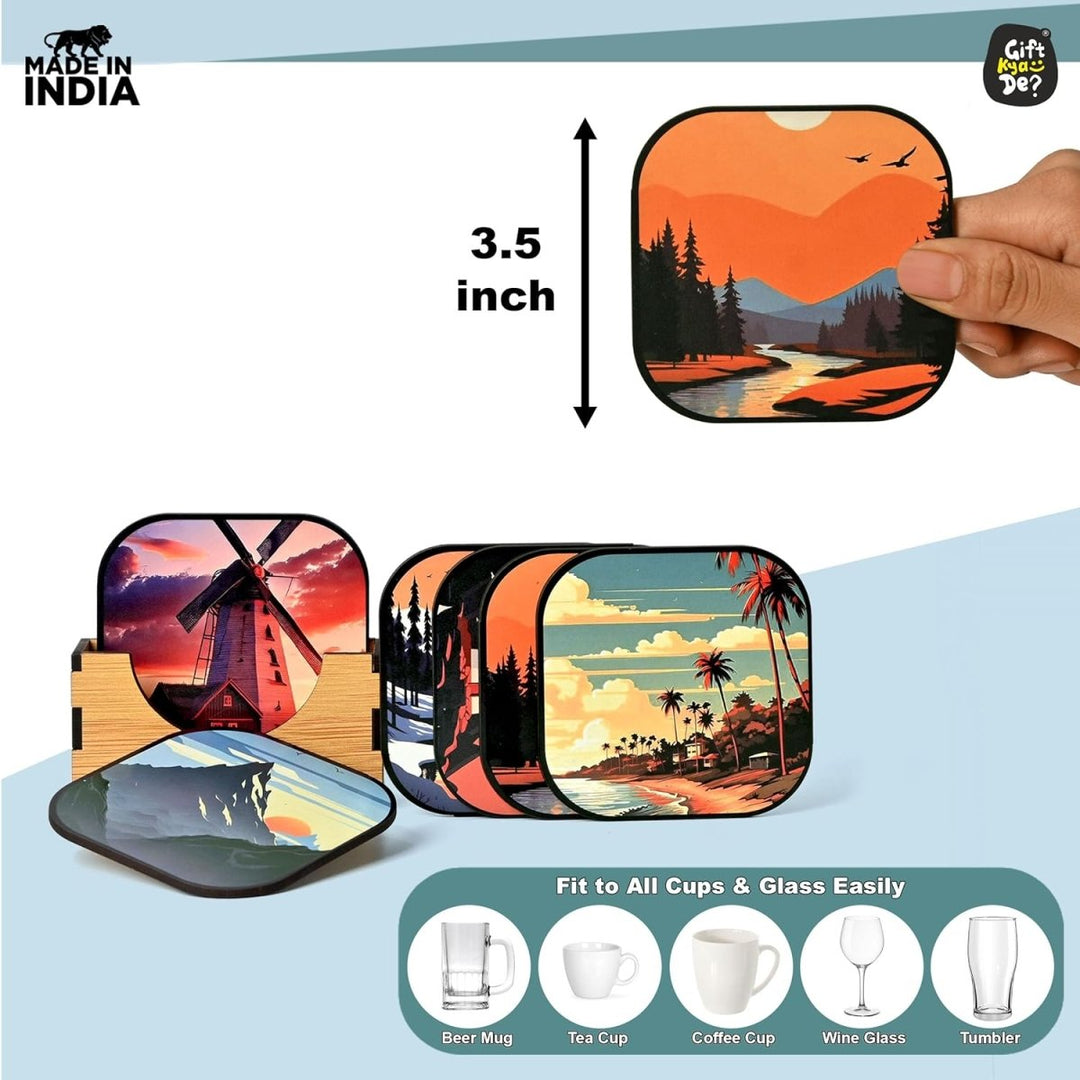 Gift Kya De Coaster Set of 6 Nature & Travel Theme Design | Wooden Coasters to Serve Tea Cups, Coffee Mugs and Glasses