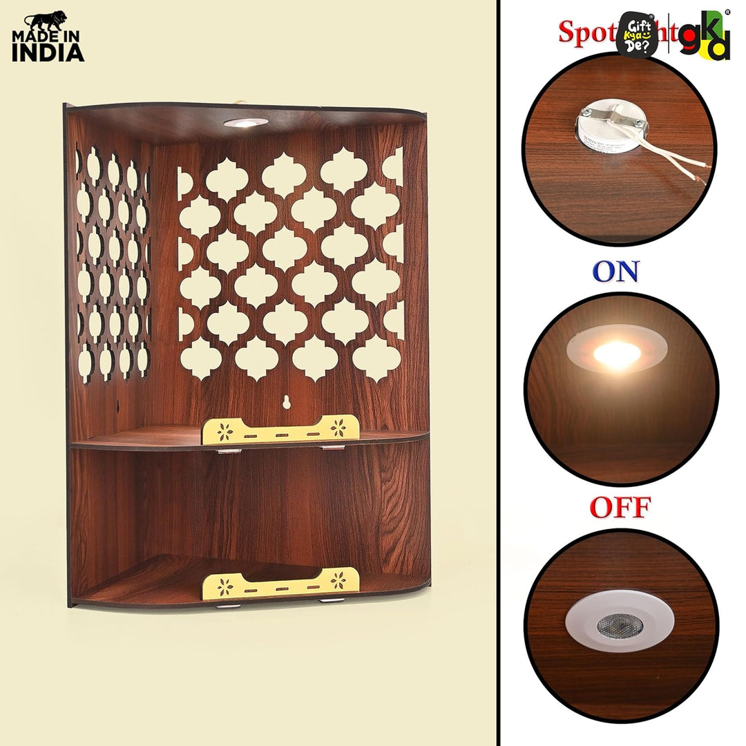Wooden Corner Pooja Mandir for Home & Office | Wall Mounted Pooja Stand with LED Light (H-17 x W-10 x L-15 Inch)