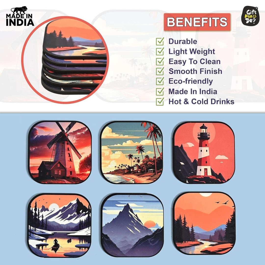 Gift Kya De Coaster Set of 6 Nature & Travel Theme Design | Wooden Coasters to Serve Tea Cups, Coffee Mugs and Glasses