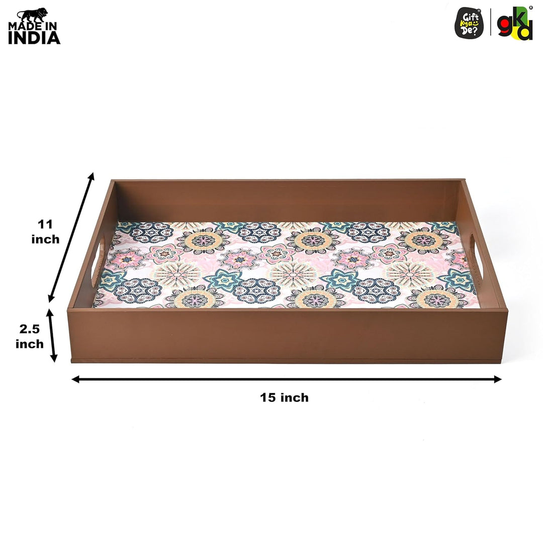 Wooden Serving Tray with 4 Free Coasters – 11x15 Inch Tea, Coffee & Snack Tray – Tray with Handles for Home, Kitchen & Dining