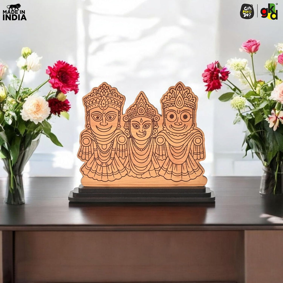 Lord Jagannath Printed Wooden Table Top Frame | Decorative Idol of Jagannath Balabhadra Subhadra | Spiritual Gift Item | 6x5x1.8 inches