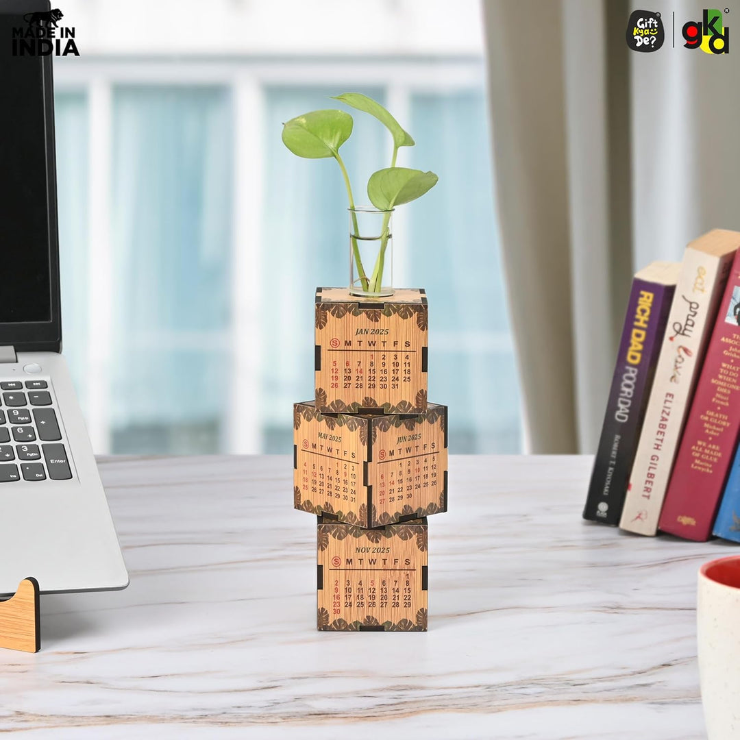 Gift Kya De 3-Cube Wooden Desk Calendar 2025 with Test Tube Planter | Desk Organizer for Home, Office & Corporate Gifting