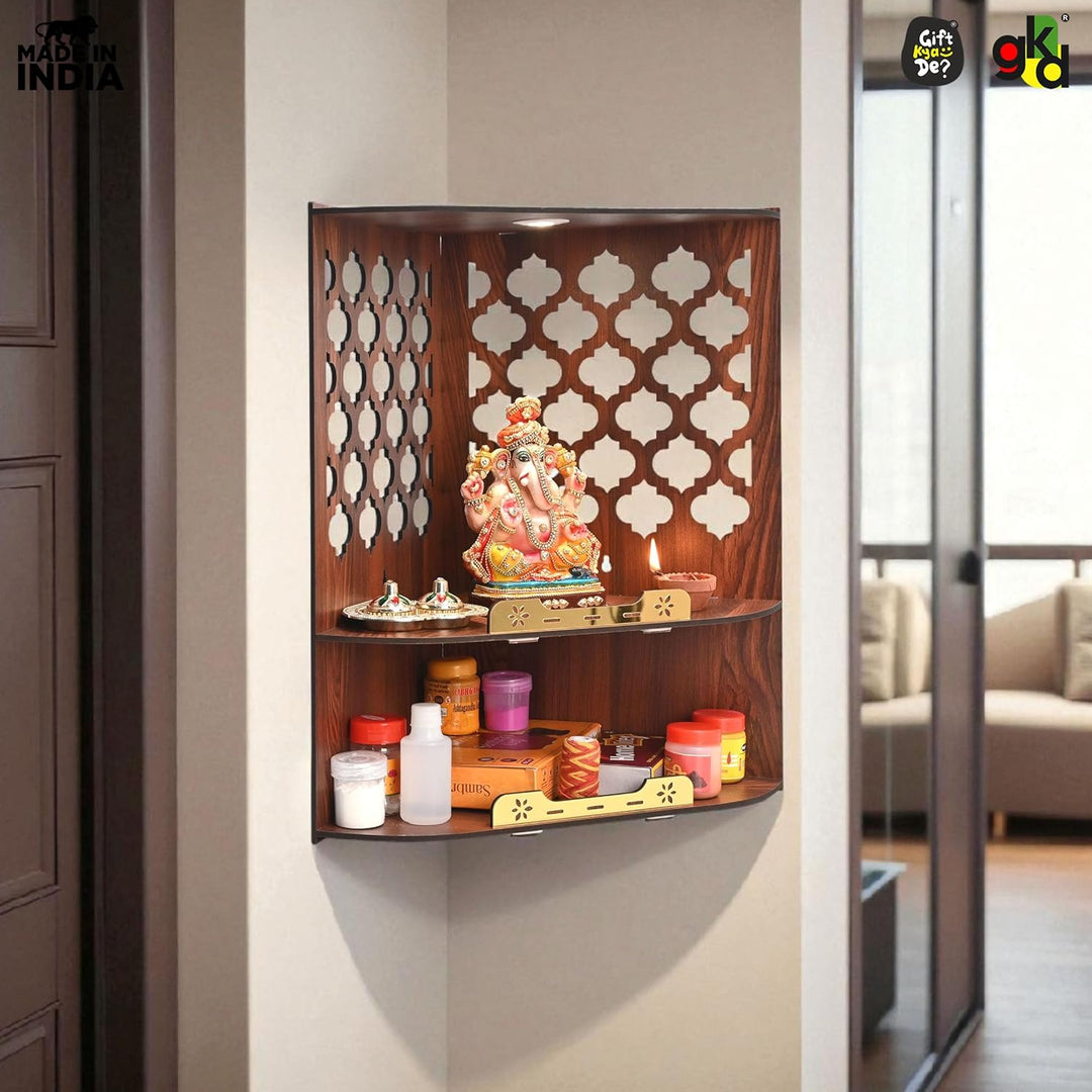 Wooden Corner Pooja Mandir for Home & Office | Wall Mounted Pooja Stand with LED Light (H-17 x W-10 x L-15 Inch)