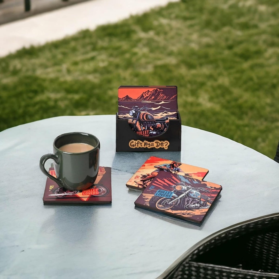 Gift Kya De Coaster Set of 6 Bullet Bike & Thar Car Lover | Gifts with Proper Coaster Stand | Set fit for Tea Cups, Coffee Mugs and Glasses (Square 10 x 10 cm)
