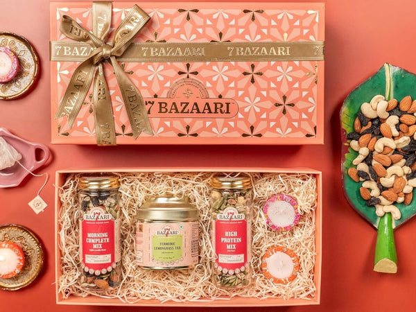 7 Bazaari Fit & Fabulous Gift Hamper | 2 Snack Mixes, Turmeric Lemongrass Tea & 2 Diyas