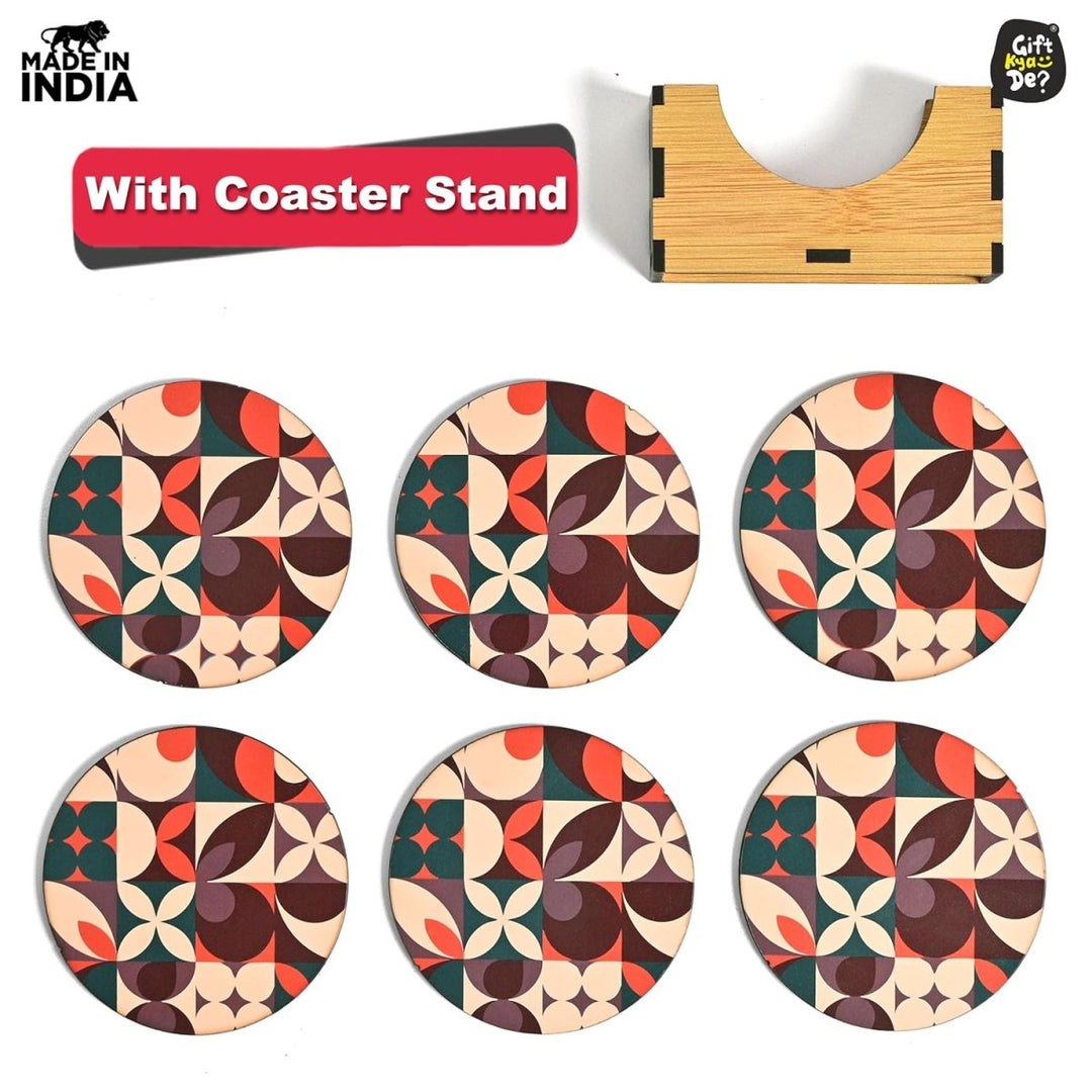 Gift Kya De Coaster Set of 6 Modern Art Design | Wooden Coasters to Serve Tea Cups, Coffee Mugs and Glasses