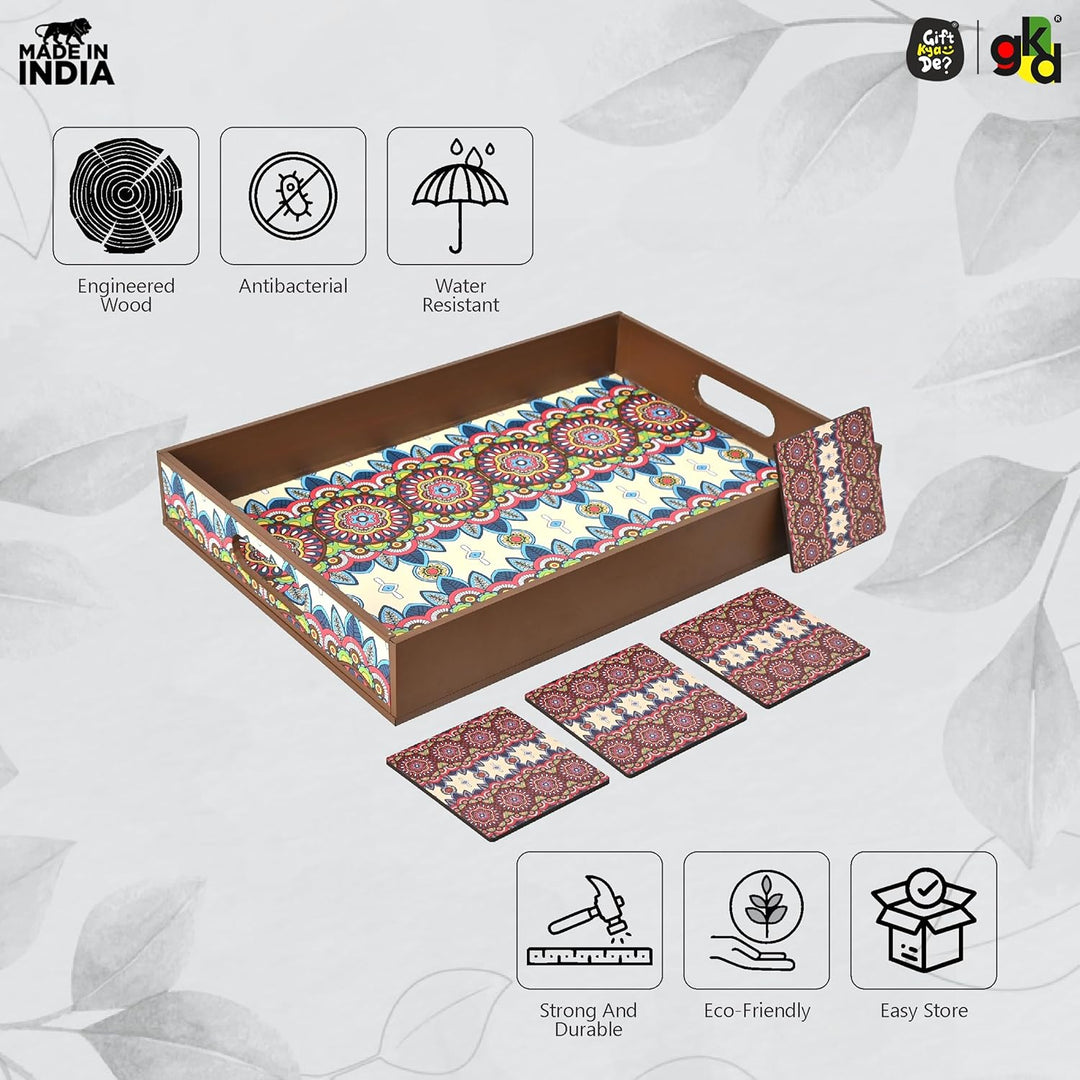 Wooden Serving Tray with 4 Free Coasters – 11x15 Inch Tea, Coffee & Snack Tray – Tray with Handles for Home, Kitchen & Dining