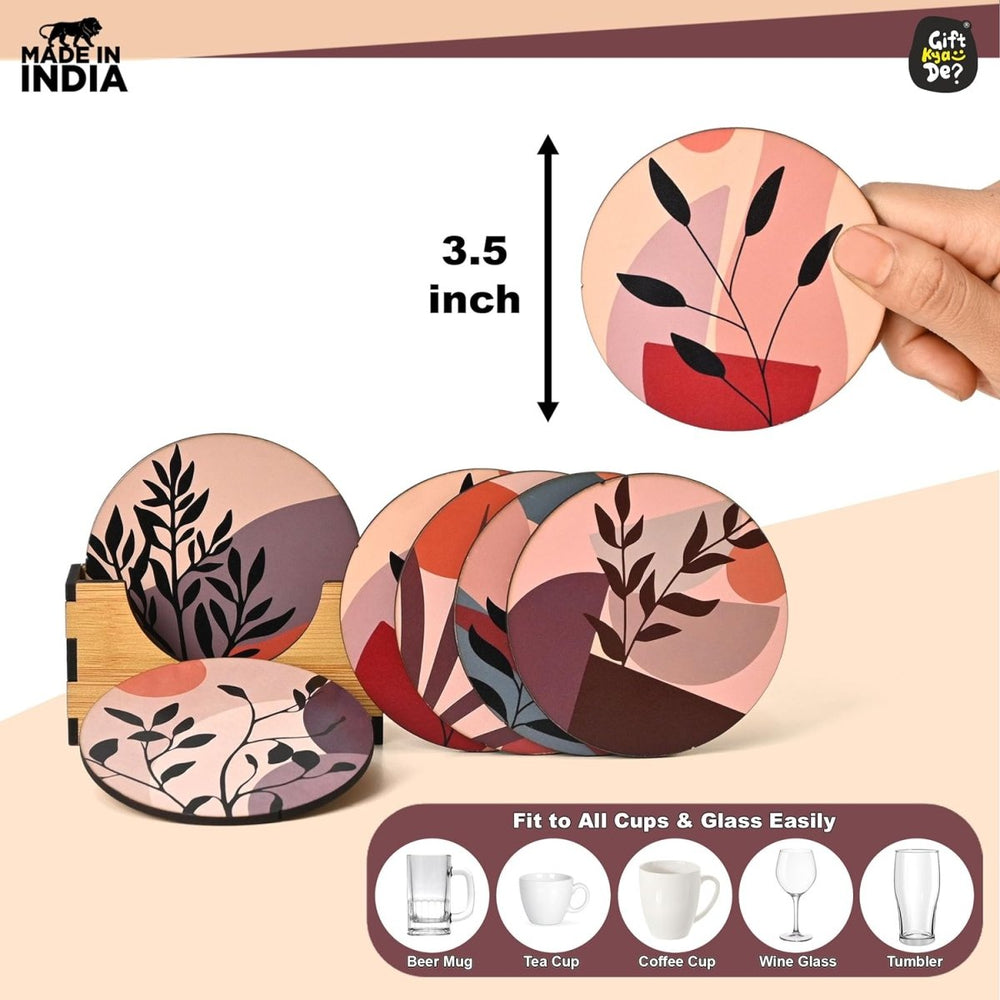 Gift Kya De Coaster Set of 6 Modern Art Design | Wooden Coasters to Serve Tea Cups, Coffee Mugs and Glasses