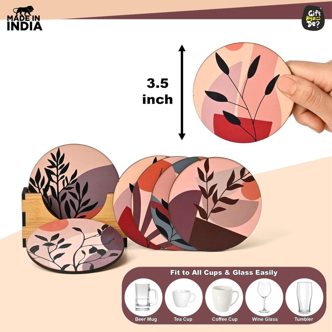Gift Kya De Coaster Set of 6 Modern Art Design | Wooden Coasters to Serve Tea Cups, Coffee Mugs and Glasses