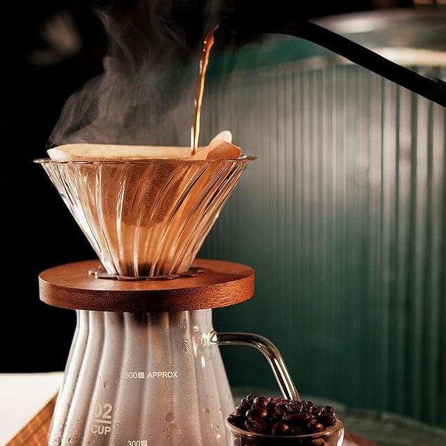 The Bean Co Roasters Pour Over Coffee Brewer Maker Set | Borosilicate Glass serving Carafe| Coffee Dripper with Wooden Base