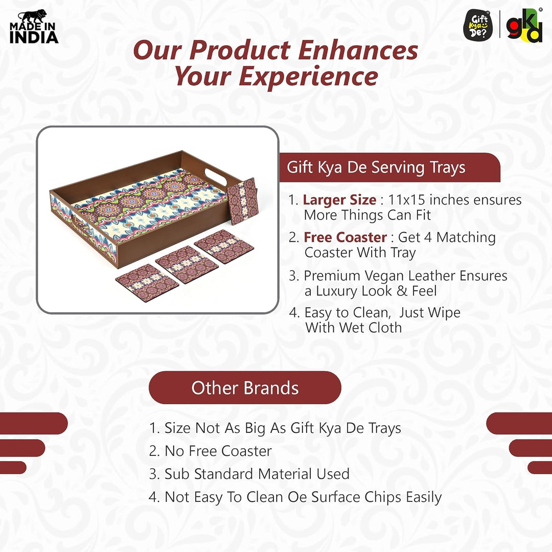 Wooden Serving Tray with 4 Free Coasters – 11x15 Inch Tea, Coffee & Snack Tray – Tray with Handles for Home, Kitchen & Dining