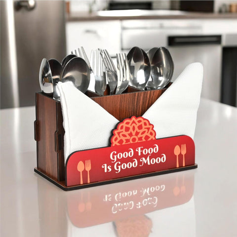 Gift Kya De Cutlery Stand with Tissue Holder for Kitchen & Dining Table | 3 Compartments | Spoon, Knife & Fork Holder, Cutlery Organizer
