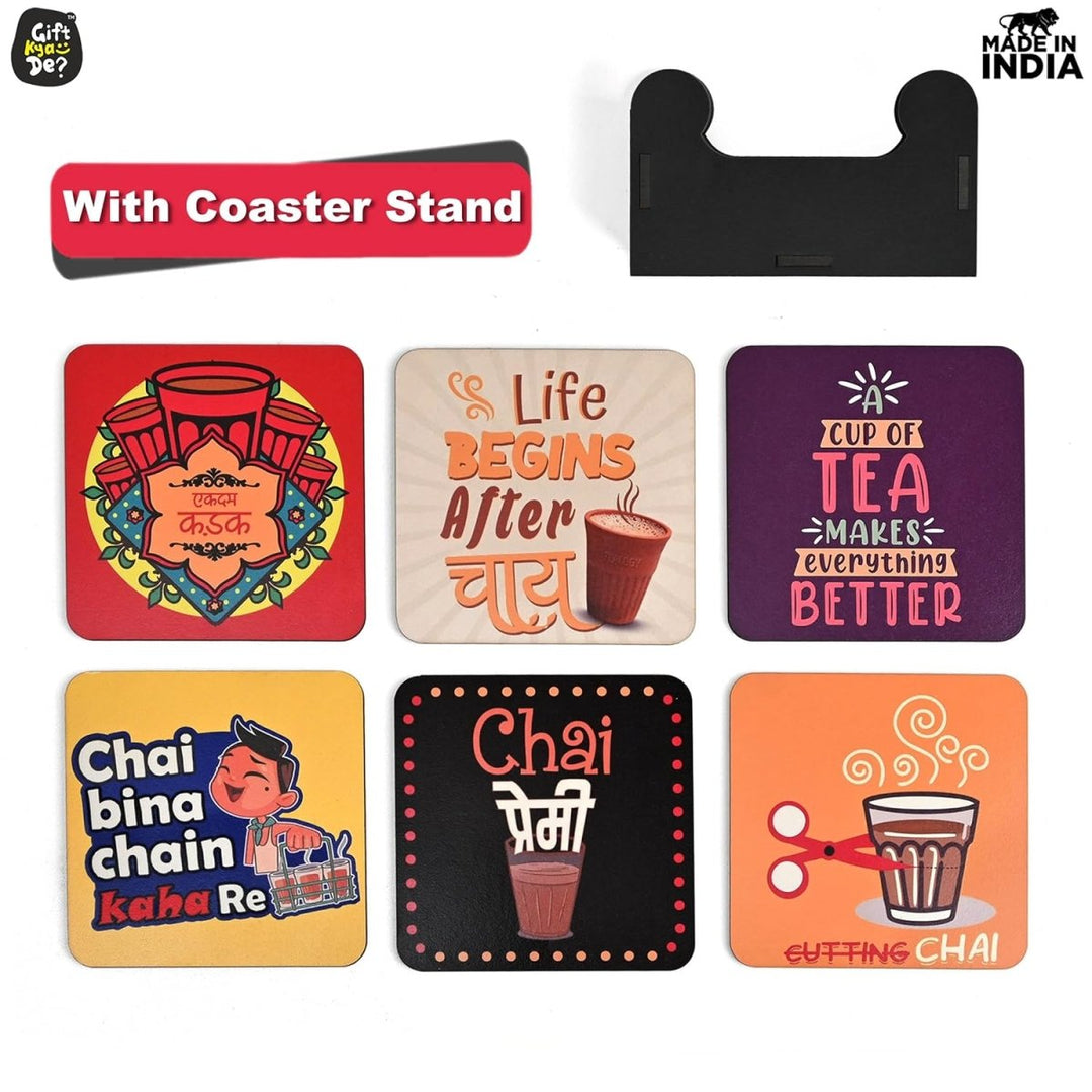 Gift Kya De Coaster Set of 12 | Wooden Square Coasters with Proper Coaster Stand | Designer Coaster Set