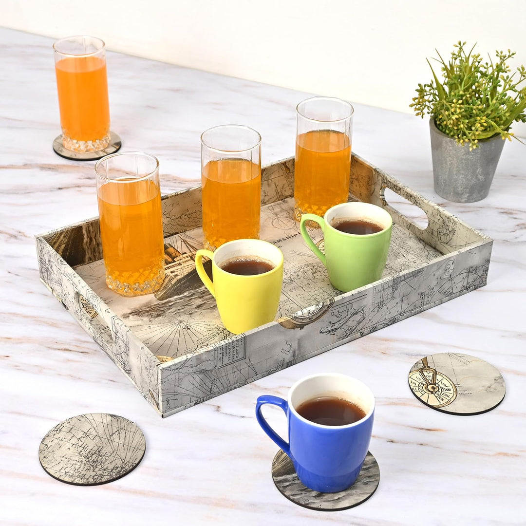 Wooden Serving Tray with 4 Free Coasters – 11x15 Inch Tea, Coffee & Snack Tray – Tray with Handles for Home, Kitchen & Dining