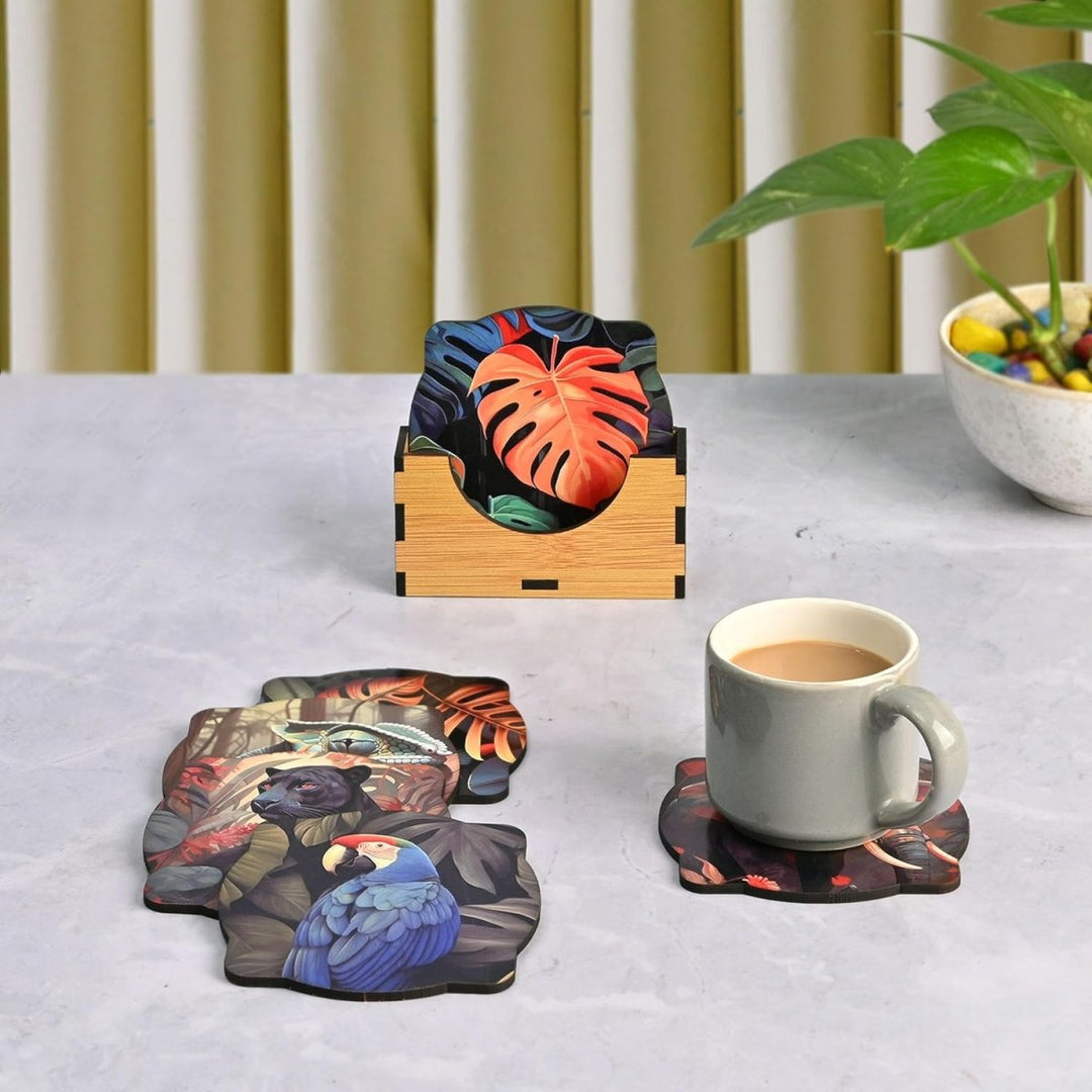 Gift Kya De Coaster Set of 6 Unique Birds & Jungle Theme Design | Wooden Coasters to Serve Tea Cups, Coffee Mugs and Glasses (Ecofriendly)