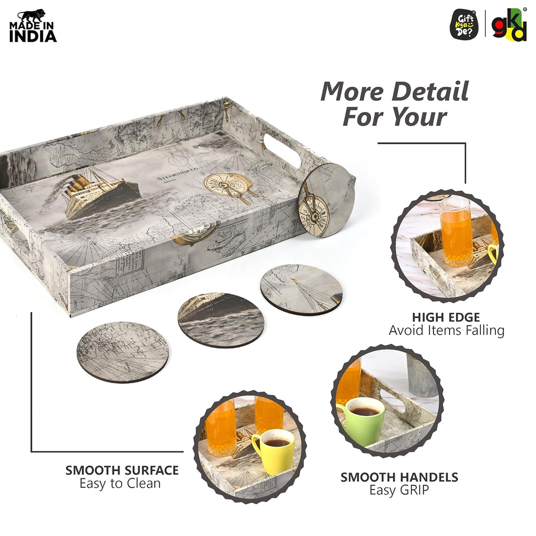 Wooden Serving Tray with 4 Free Coasters – 11x15 Inch Tea, Coffee & Snack Tray – Tray with Handles for Home, Kitchen & Dining