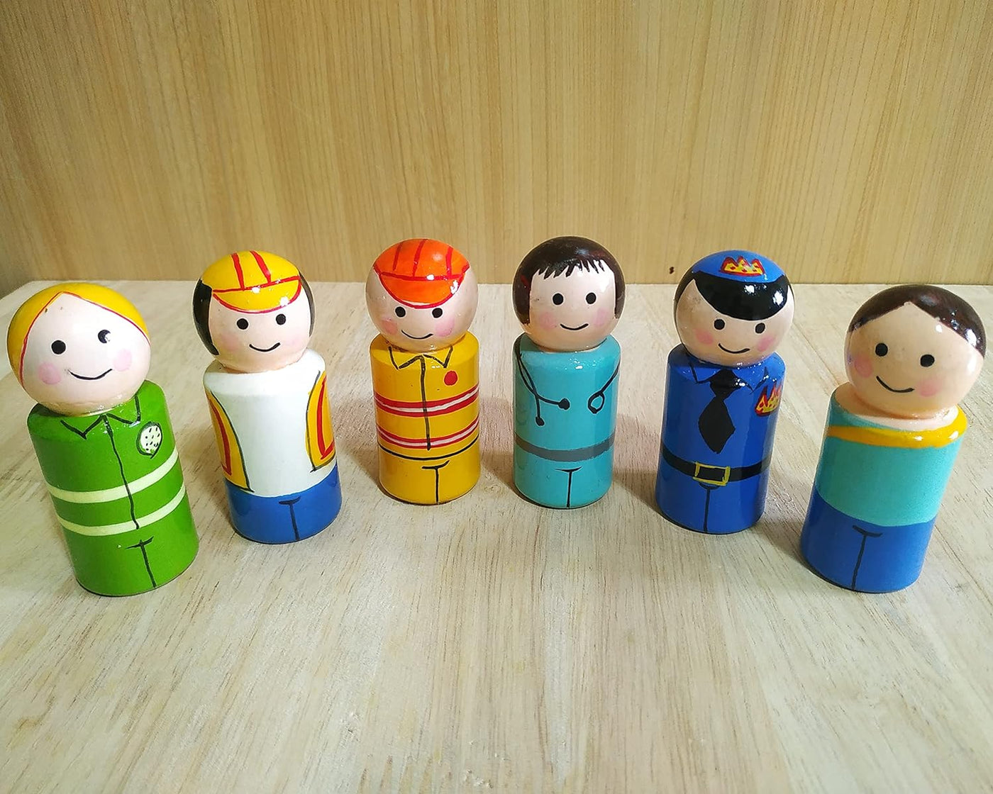 Peg Dolls Wooden Essential Workers/Community Helpers Pretend Play Figurines - Colorful Dolls for Kids & Toddlers (2 Years+) - Pack of 6 pcs - Open Ended Toys
