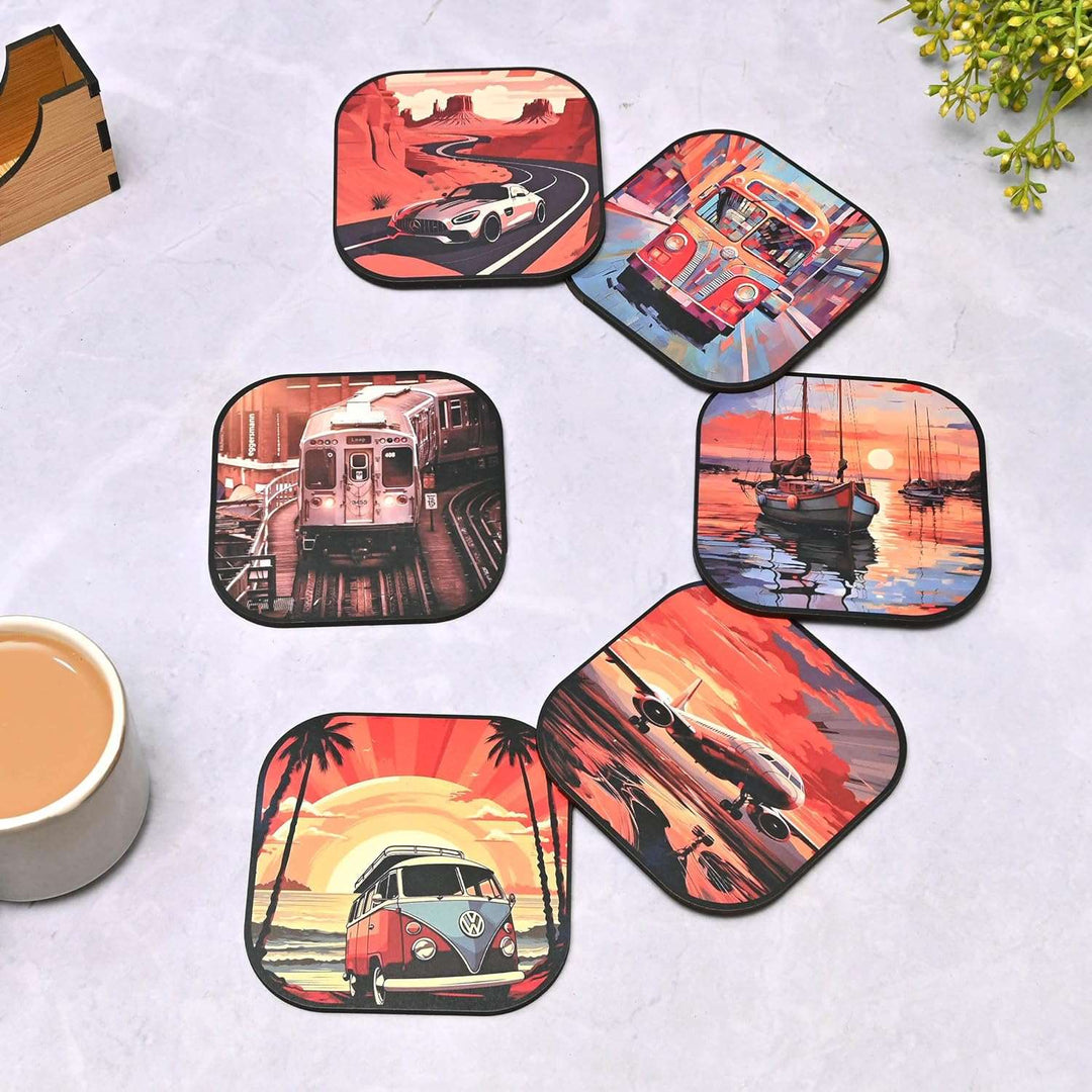 Gift Kya De Coaster Set of 6 Nature & Travel Theme Design | Wooden Coasters to Serve Tea Cups, Coffee Mugs and Glasses