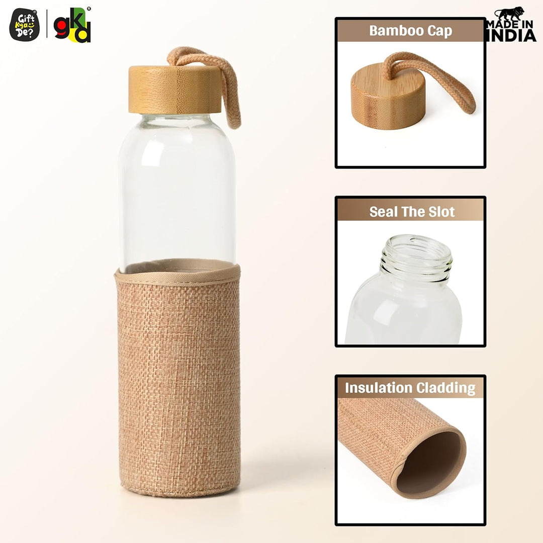 Glass Water Bottle with Bamboo Spill-Proof Cap & Jute Sleeve 450 ML | Eco-Friendly & Reusable | BPA Free | Leak-Proof | Travel Friendly | Made in India