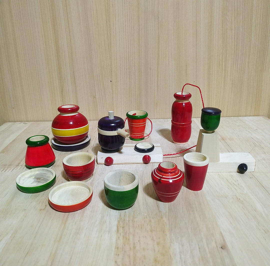 Channapatna Toys Traditional Wooden Cooking/Kitchen Toys Play Set for Girls, Kids, Baby & Boys (2 Years+) -14 Pieces Preschool Toy Set - Multicolor- Pretend & Play Toy | Choppu Jaman