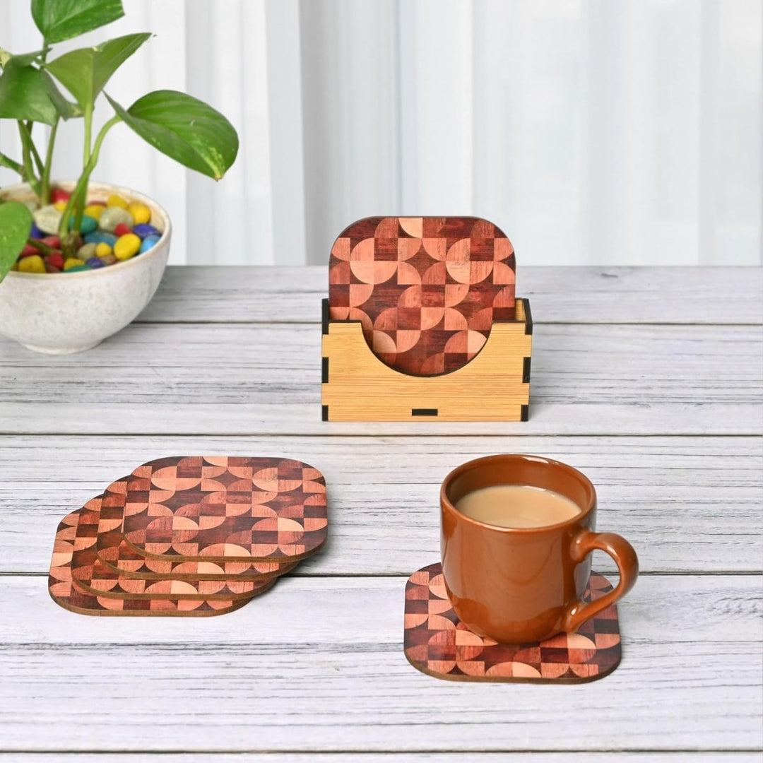 Gift Kya De Coaster Set of 6 Woody Design | Wooden Coasters With Coaster Stand | Kitchen Accessories (Ecofriendly)