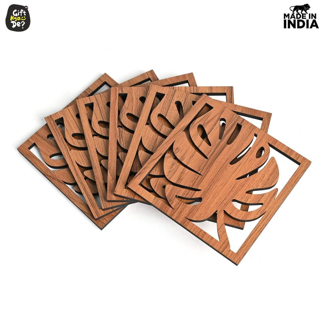 Gift Kya De Coaster Set of 6 Leaf Cutwork Design | Wooden Coasters to Serve Tea Cups, Coffee Mugs and Glasses