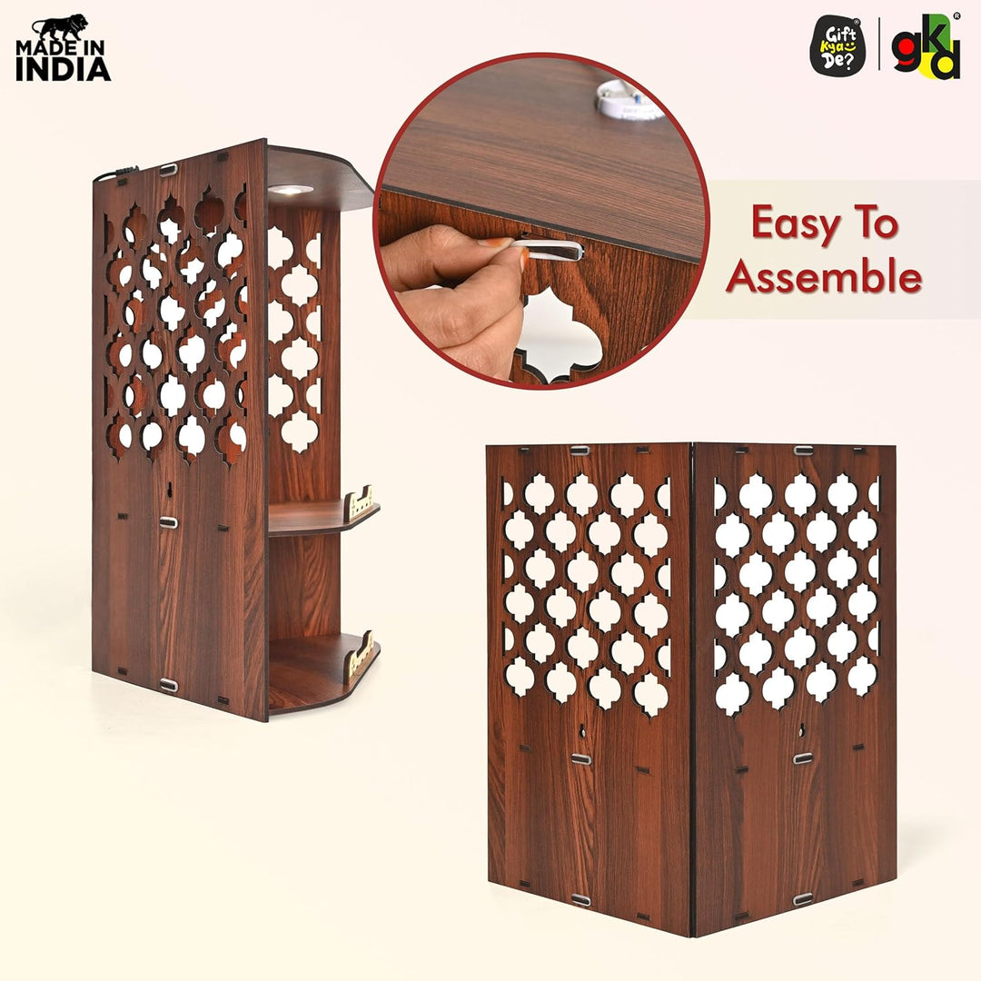 Wooden Corner Pooja Mandir for Home & Office | Wall Mounted Pooja Stand with LED Light (H-17 x W-10 x L-15 Inch)