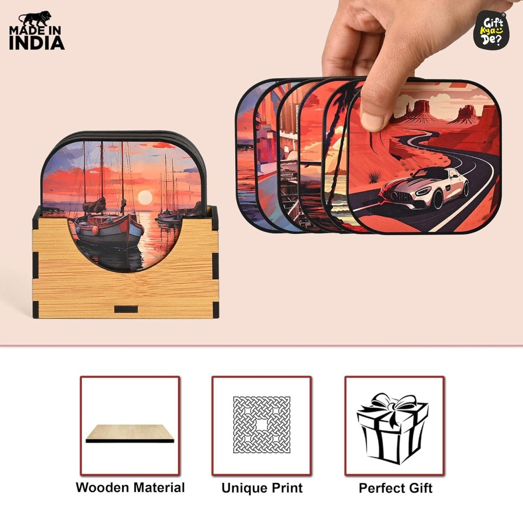 Gift Kya De Coaster Set of 6 Nature & Travel Theme Design | Wooden Coasters to Serve Tea Cups, Coffee Mugs and Glasses