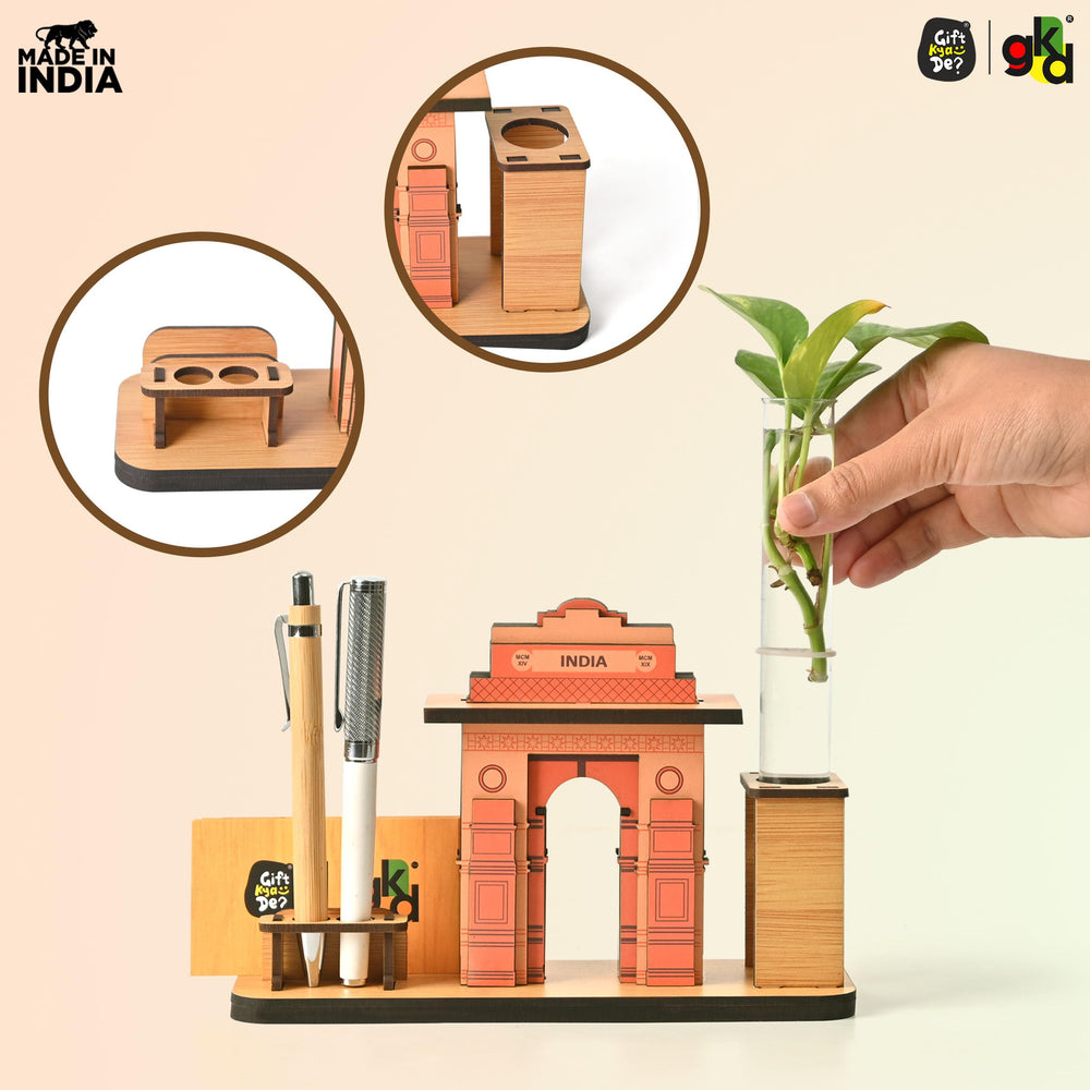 India Gate Wooden Desk Organizer with Test Tube Planter, Pen Stand & Visiting Card Holder | Table Top Patriotic Souvenir | Independence Day Gift