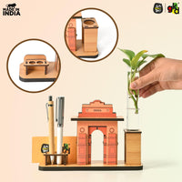 India Gate Wooden Desk Organizer with Test Tube Planter, Pen Stand & Visiting Card Holder | Table Top Patriotic Souvenir | Independence Day Gift