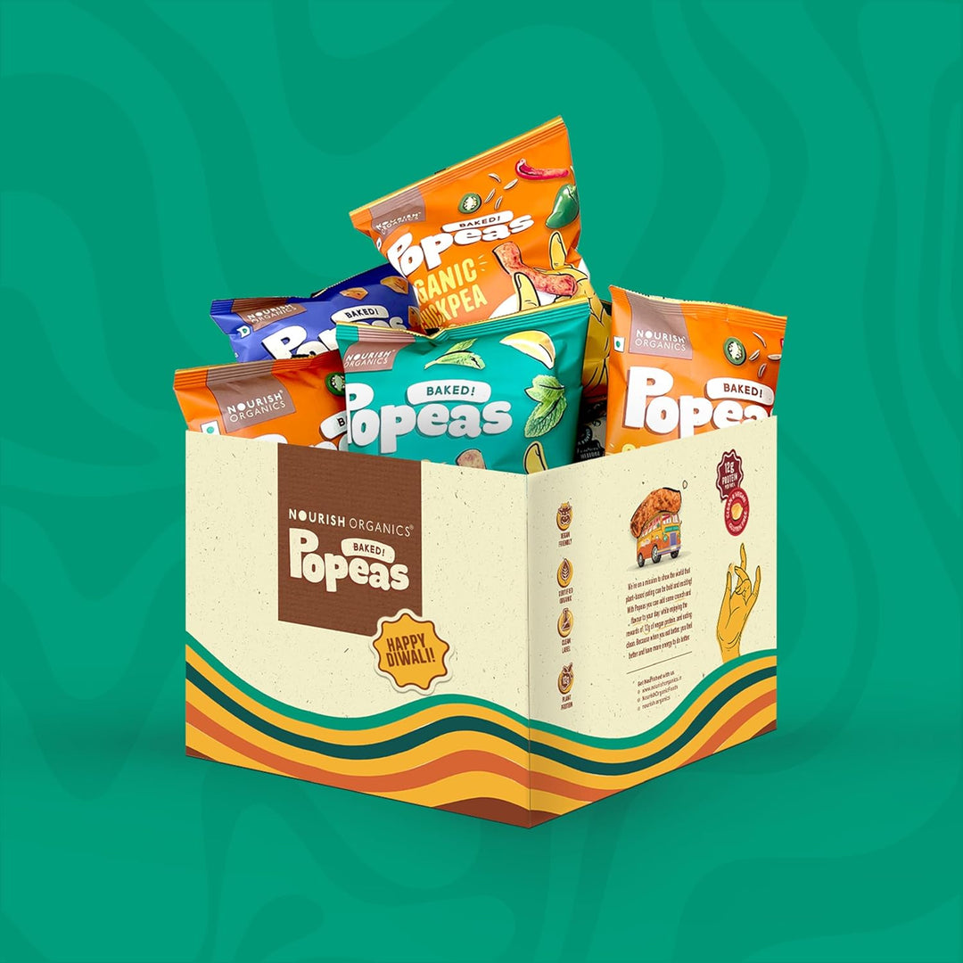 Nourish Organics Popeas Diwali Snack Hamper | 8 Packs of 12g Protein each, Gluten-Free Snack Gift Pack| 4 Flavors: Spicy Mint, Tangy Taco, NYC Pizza, Vegan Parmesan | Perfect for Diwali Celebrations Xox | Diwali Gifts for Family & Kids
