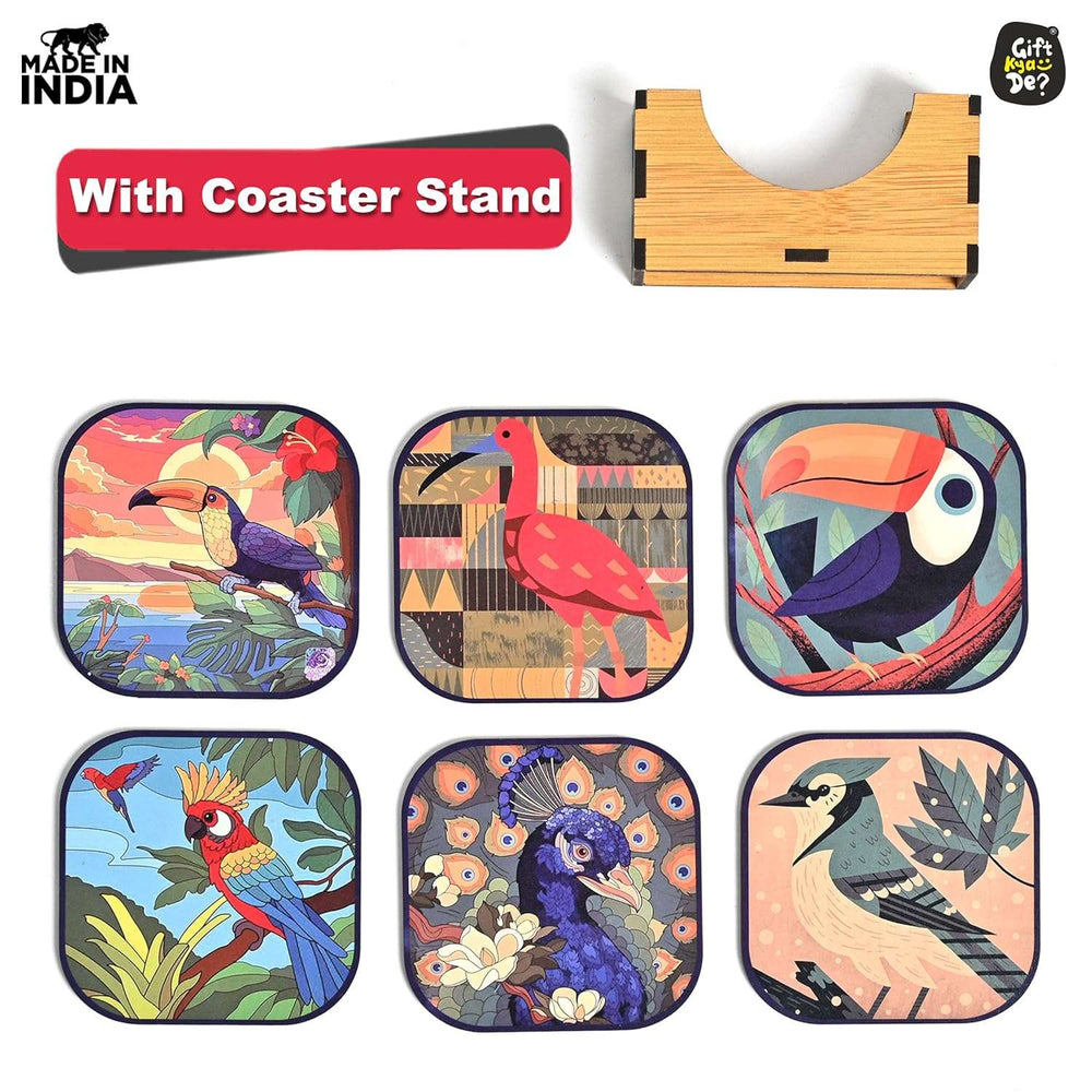 Gift Kya De Coaster Set of 6 Unique Birds & Jungle Theme Design | Wooden Coasters to Serve Tea Cups, Coffee Mugs and Glasses (Ecofriendly)