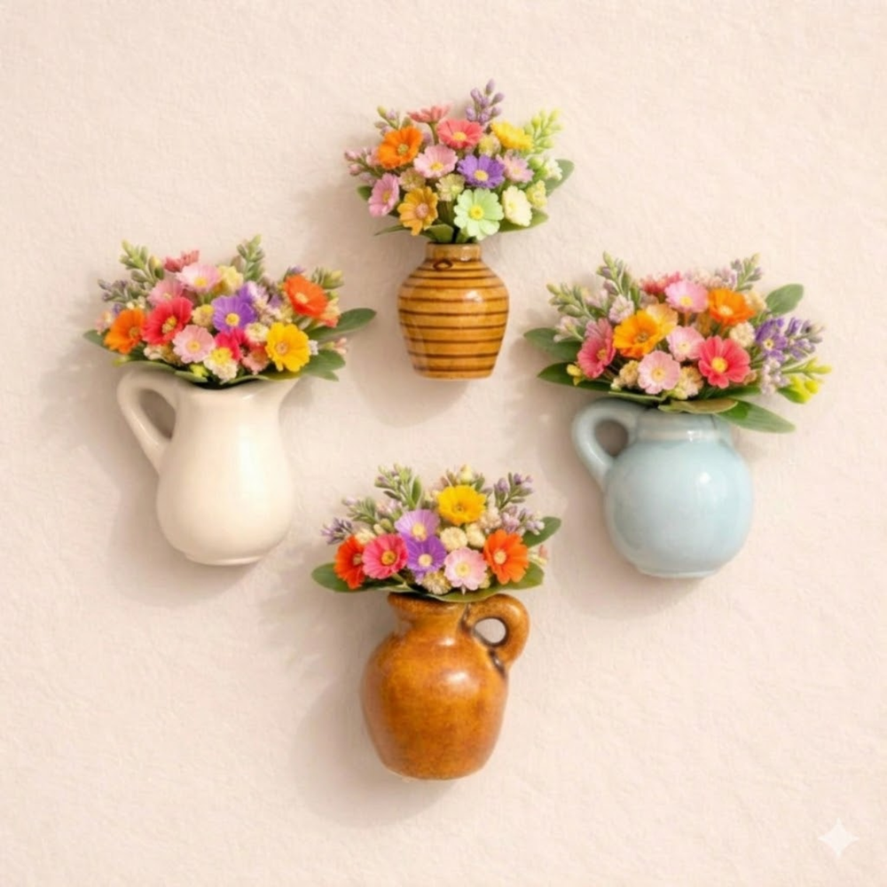 Garden Whispers Fridge Magnet Set of 4 | Mini Ceramic Flower Vase Magnets